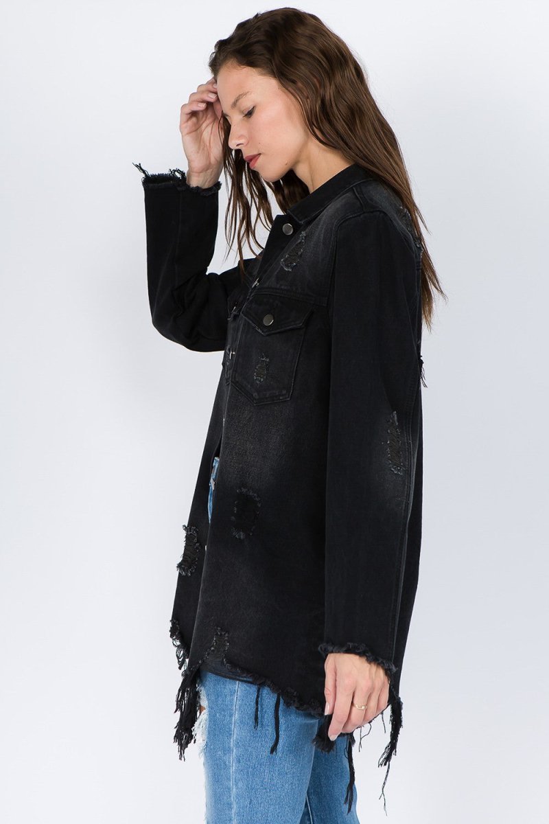 American Bazi Distressed Frayed Hem Denim Jacket - Outerwear
