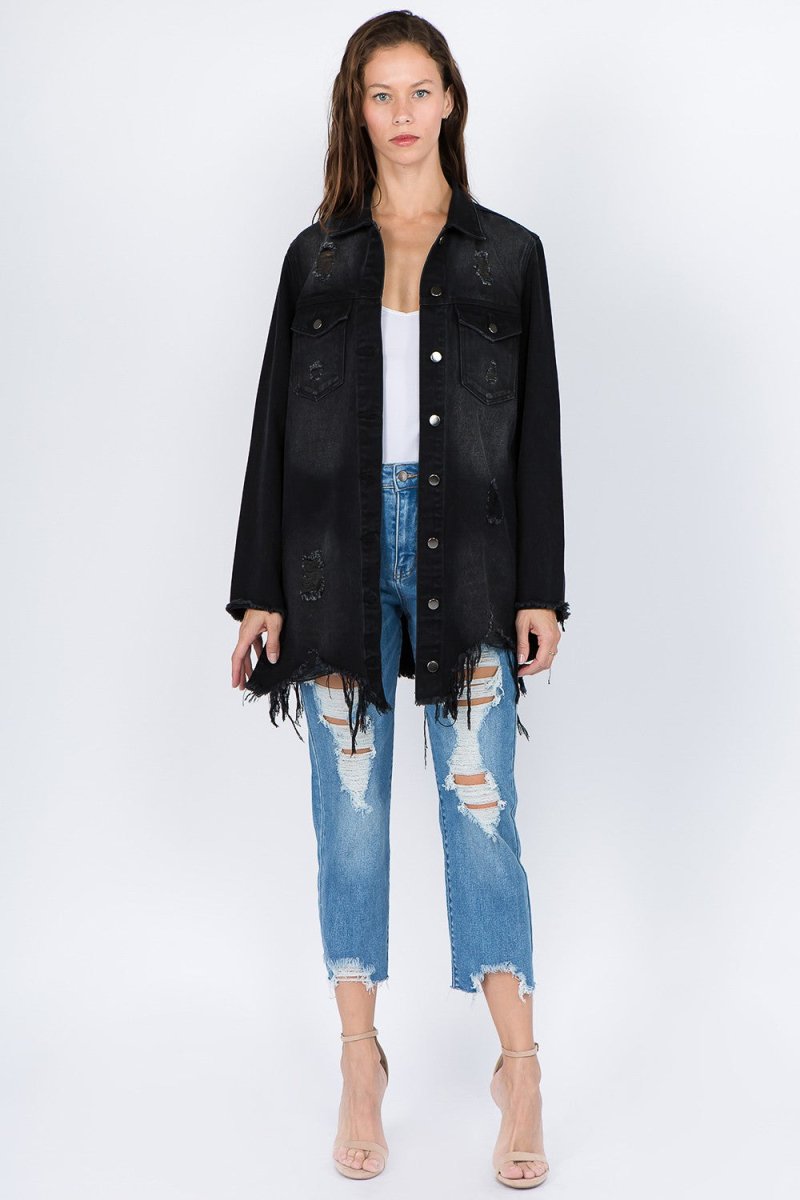 American Bazi Distressed Frayed Hem Denim Jacket - Outerwear