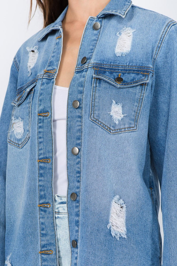 American Bazi Distressed Frayed Hem Denim Jacket - Outerwear