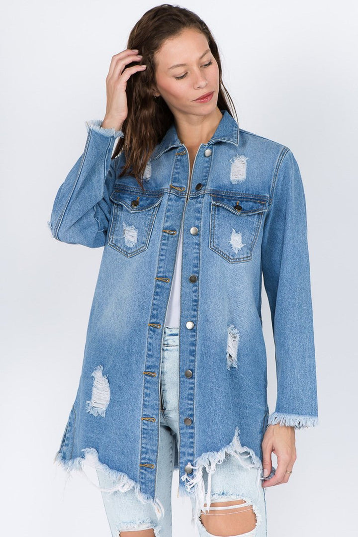 American Bazi Distressed Frayed Hem Denim Jacket - Outerwear