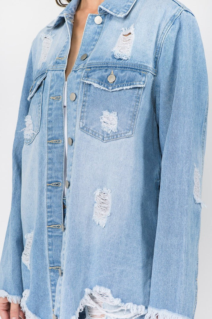 American Bazi Distressed Frayed Hem Denim Jacket - Outerwear