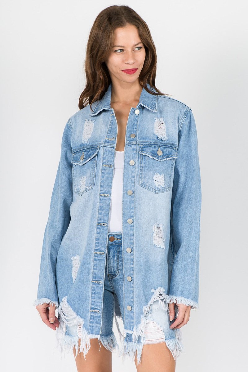 American Bazi Distressed Frayed Hem Denim Jacket - Outerwear