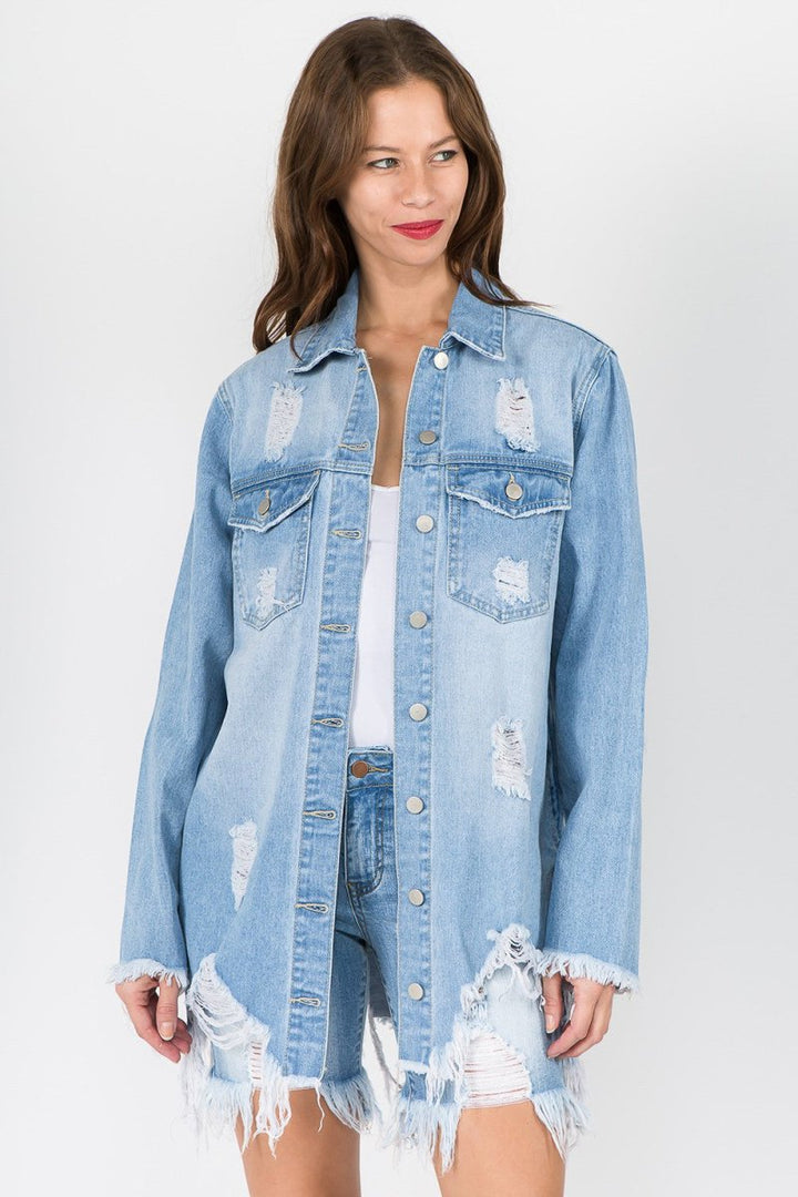 American Bazi Distressed Frayed Hem Denim Jacket - Outerwear