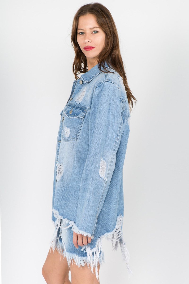 American Bazi Distressed Frayed Hem Denim Jacket - Outerwear