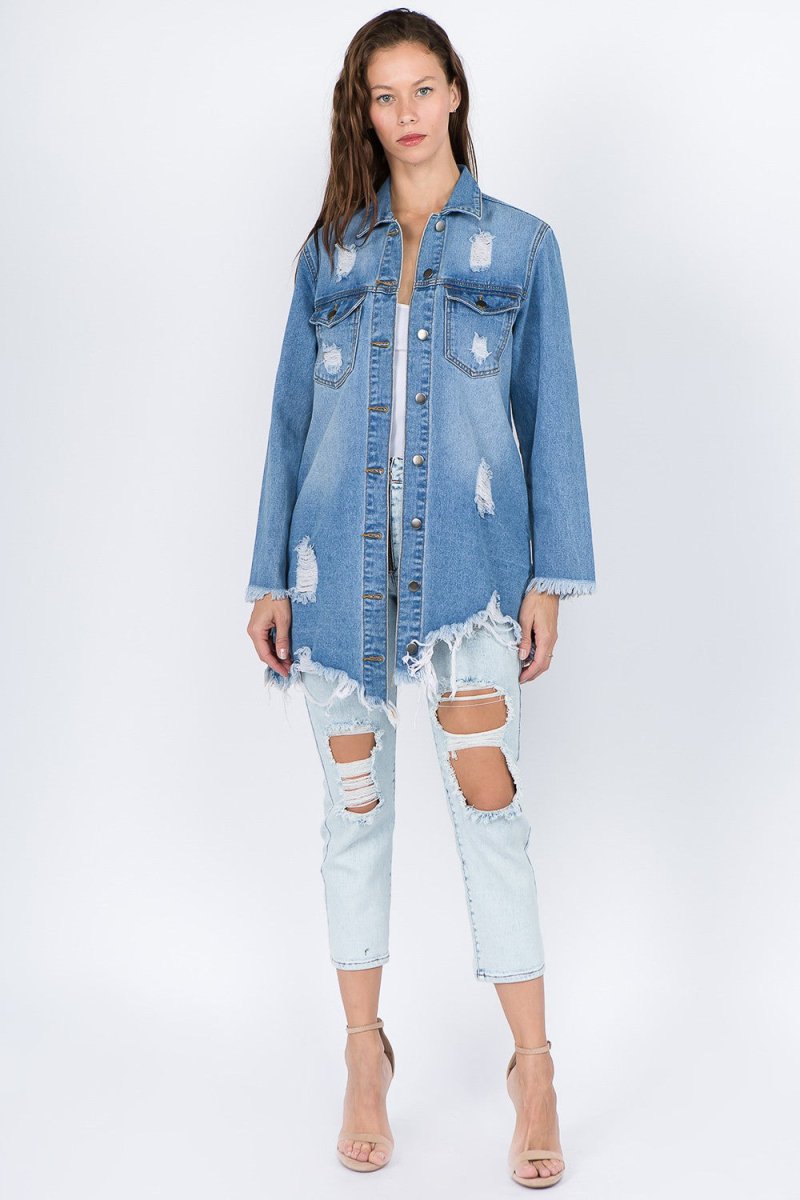 American Bazi Distressed Frayed Hem Denim Jacket - Outerwear