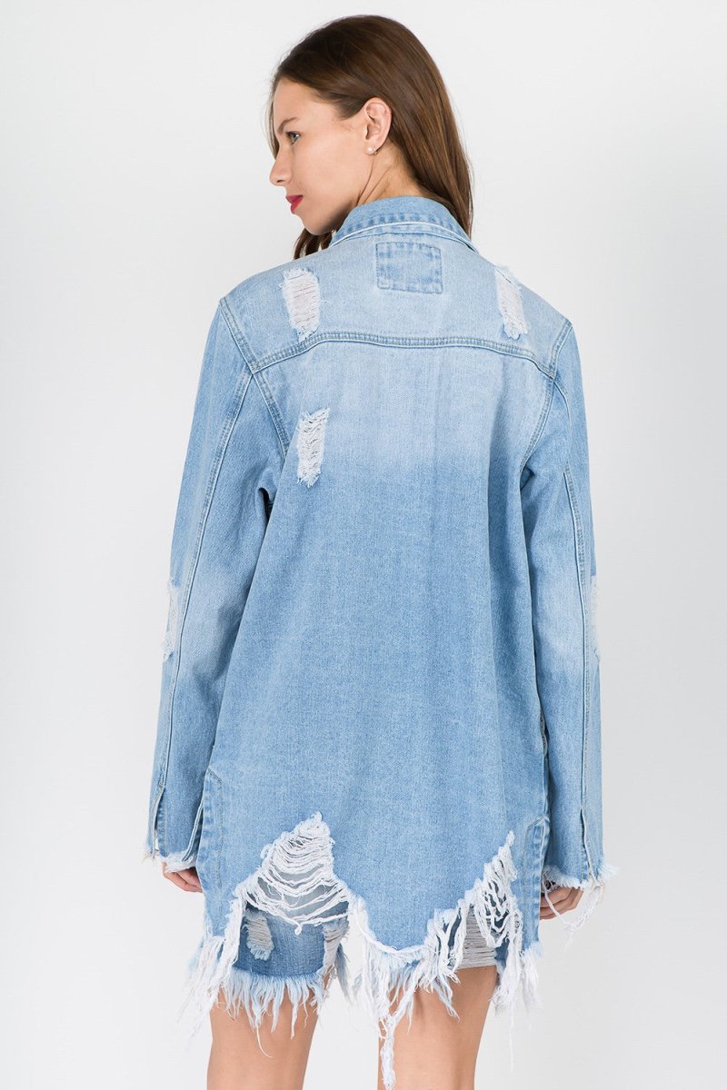 American Bazi Distressed Frayed Hem Denim Jacket - Outerwear