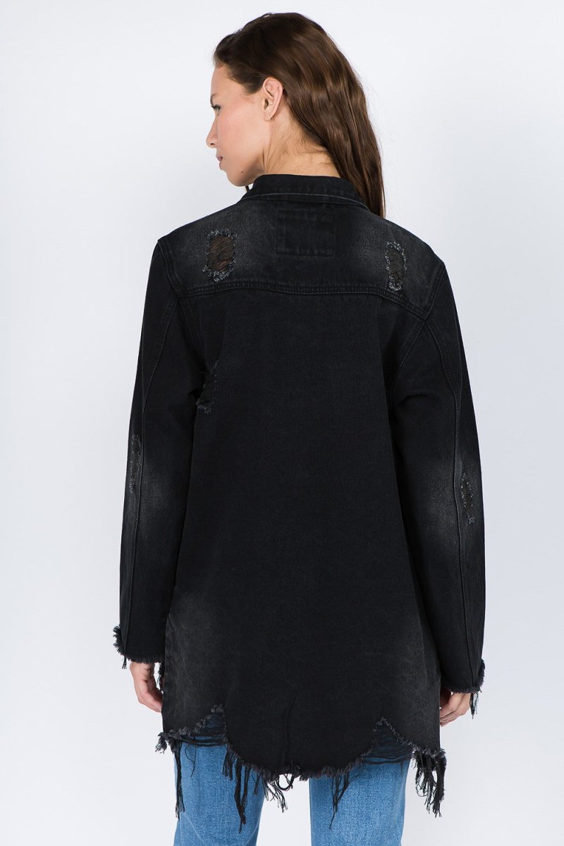 American Bazi Distressed Frayed Hem Denim Jacket - Outerwear