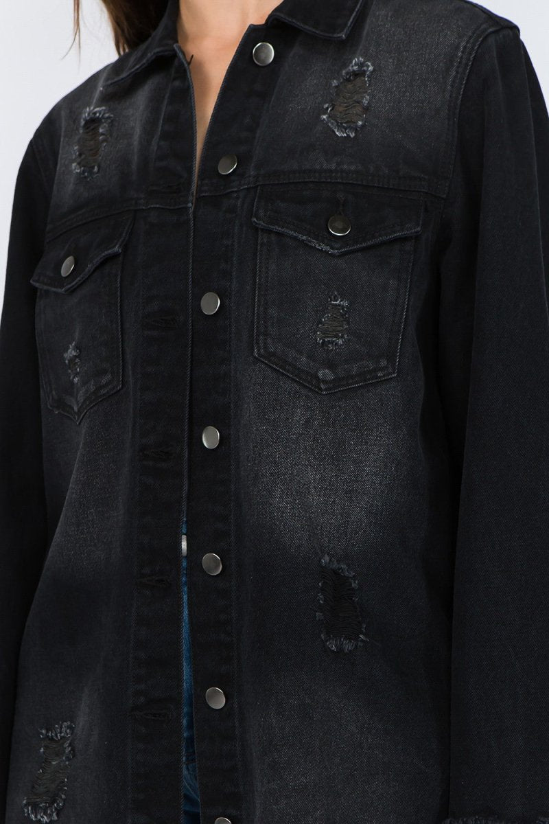 American Bazi Distressed Frayed Hem Denim Jacket - Outerwear