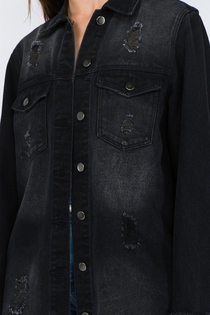 American Bazi Distressed Frayed Hem Denim Jacket - Outerwear