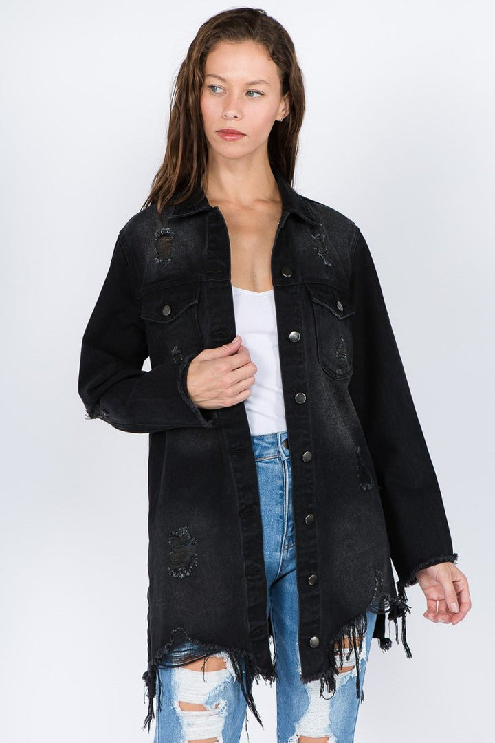 American Bazi Distressed Frayed Hem Denim Jacket - Outerwear