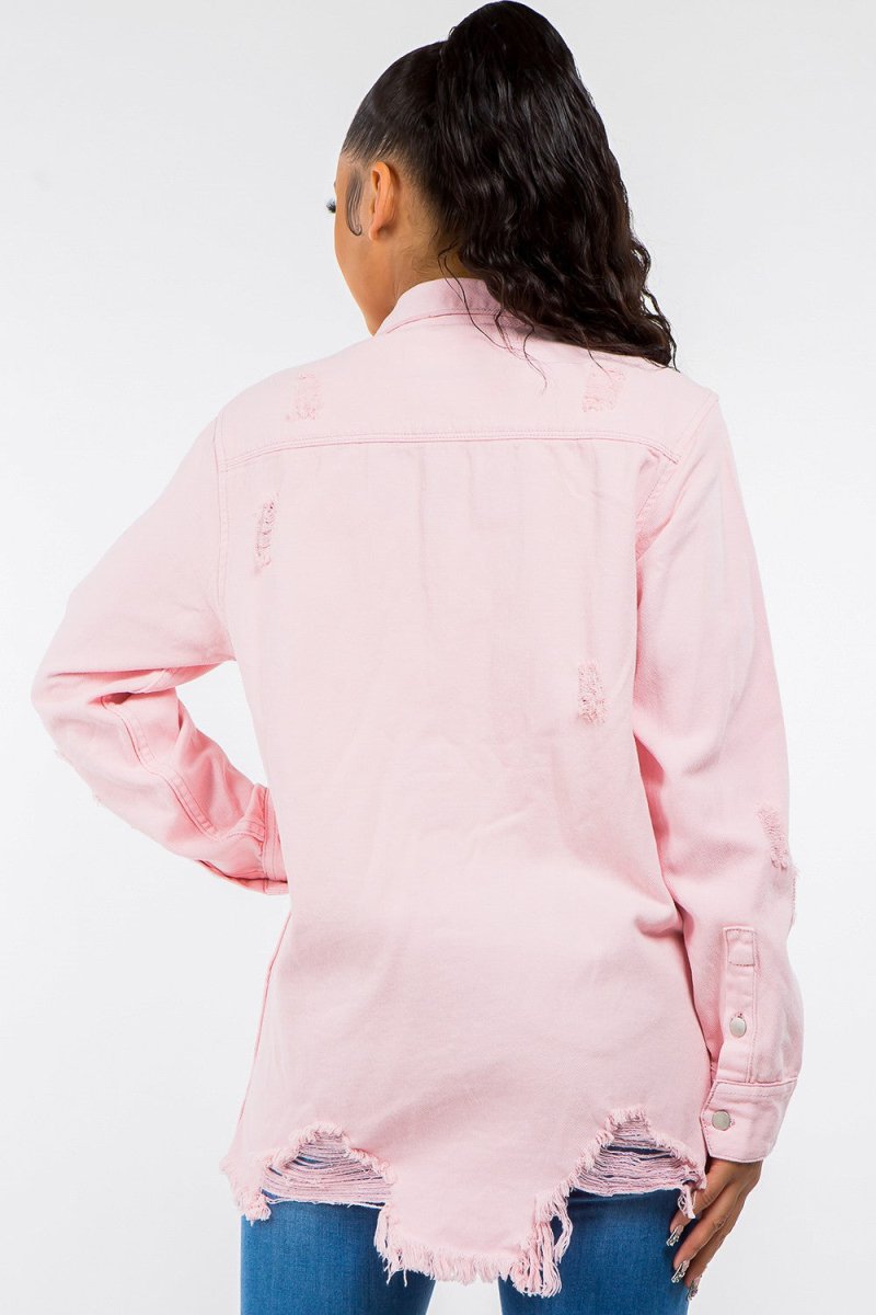 American Bazi Frayed Hem Distressed Denim Jacket - Outerwear