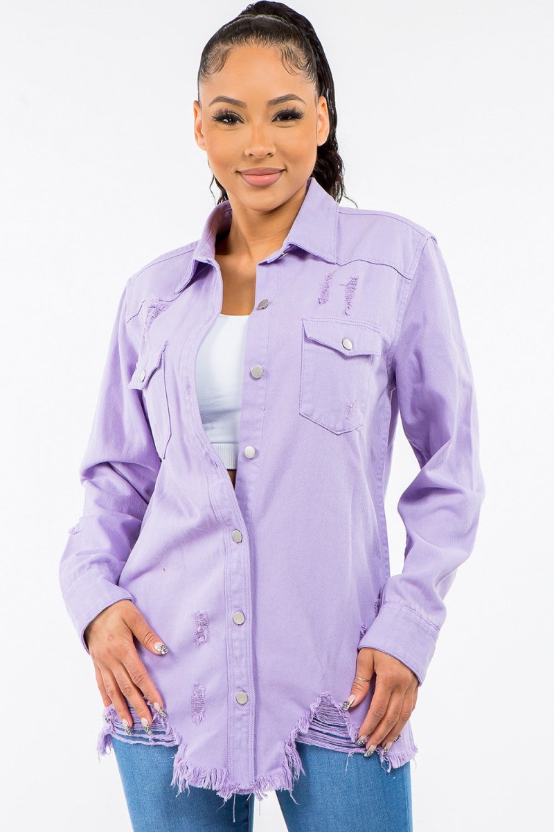 American Bazi Frayed Hem Distressed Denim Jacket - Outerwear
