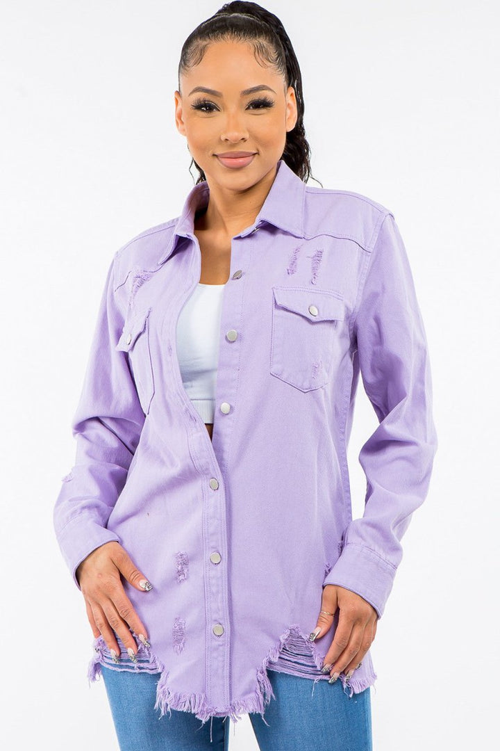 American Bazi Frayed Hem Distressed Denim Jacket - Outerwear