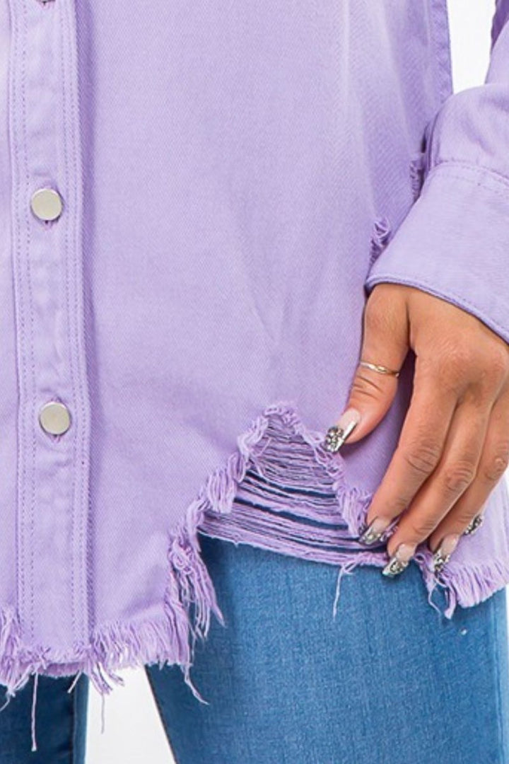 American Bazi Frayed Hem Distressed Denim Jacket - Outerwear