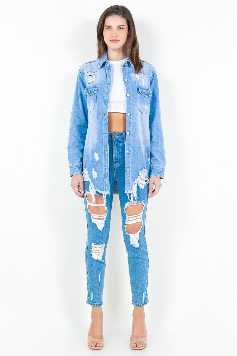American Bazi Frayed Hem Distressed Denim Shirt Jacket - Outerwear