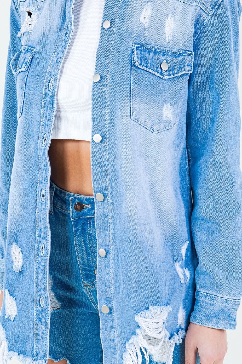 American Bazi Frayed Hem Distressed Denim Shirt Jacket - Outerwear