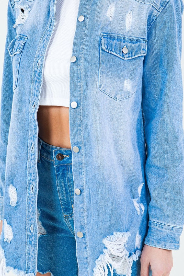 American Bazi Frayed Hem Distressed Denim Shirt Jacket - Outerwear