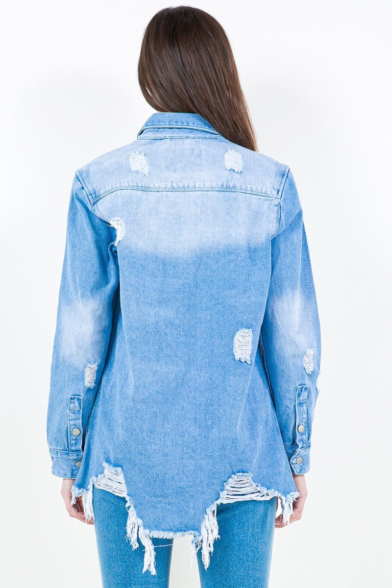 American Bazi Frayed Hem Distressed Denim Shirt Jacket - Outerwear
