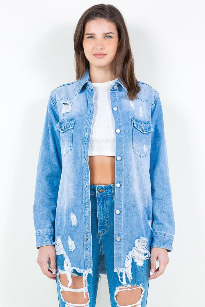 American Bazi Frayed Hem Distressed Denim Shirt Jacket - Outerwear