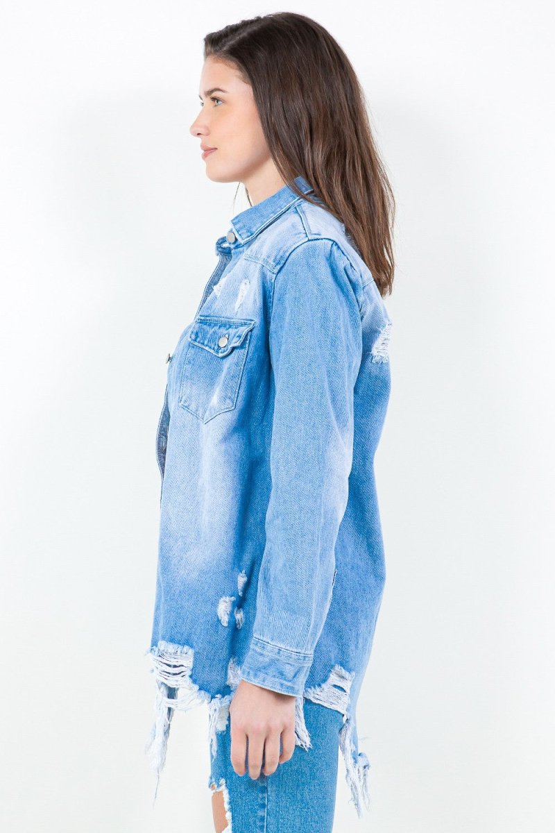 American Bazi Frayed Hem Distressed Denim Shirt Jacket - Outerwear
