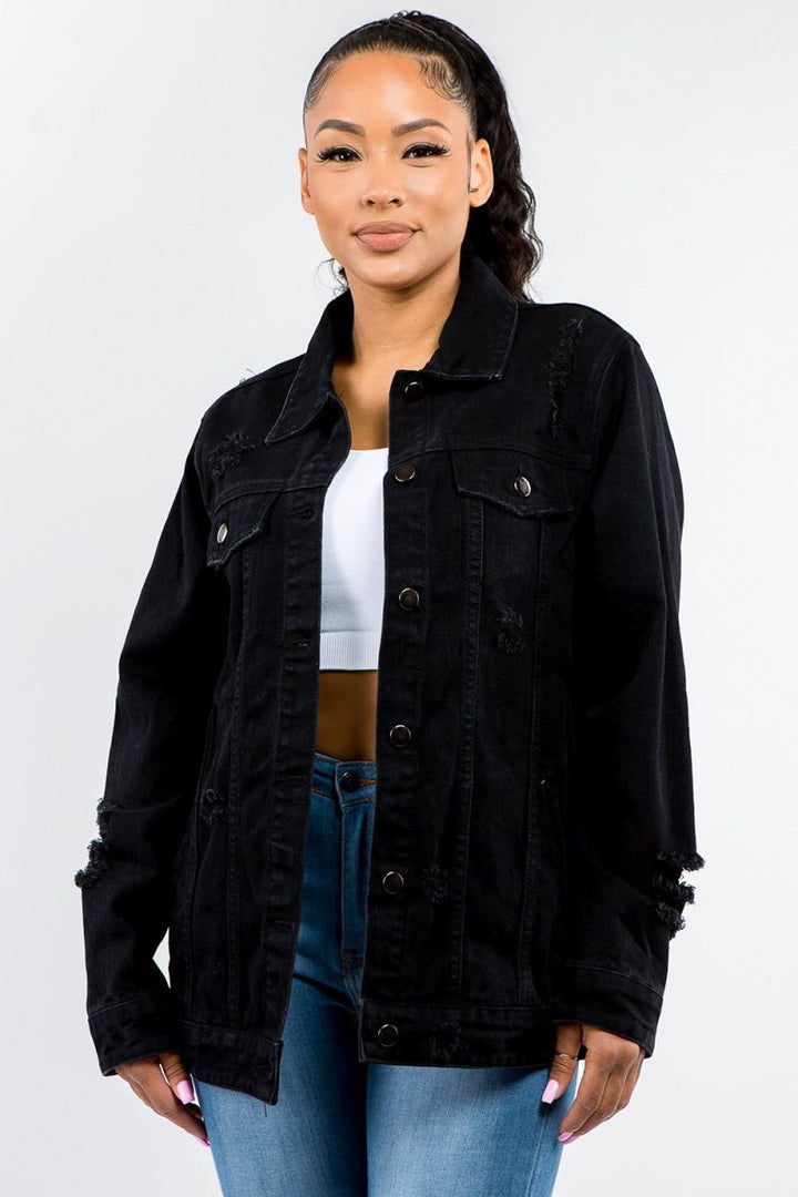 American Bazi Full Size Button Up Distressed Denim Jacket - Outerwear