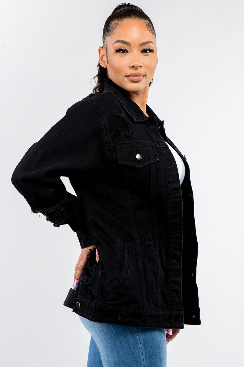 American Bazi Full Size Button Up Distressed Denim Jacket - Outerwear