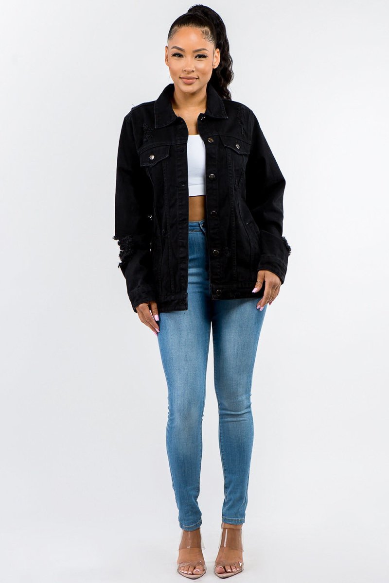 American Bazi Full Size Button Up Distressed Denim Jacket - Outerwear