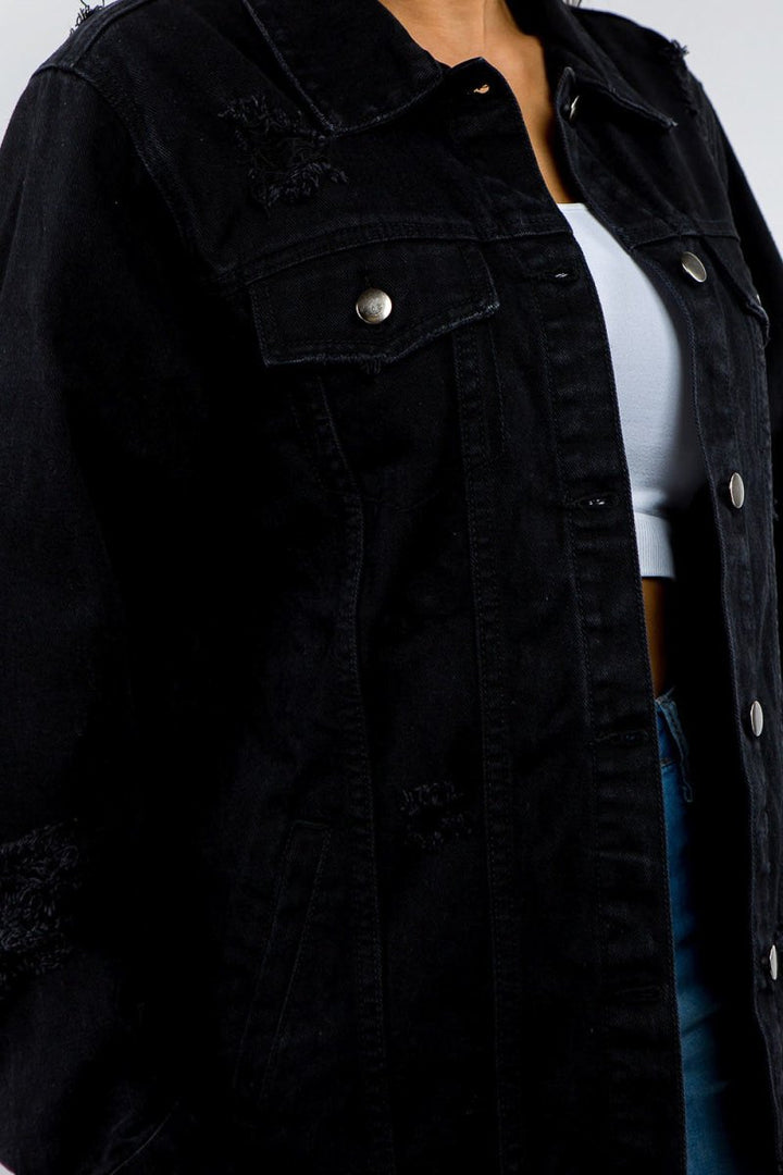 American Bazi Full Size Button Up Distressed Denim Jacket - Outerwear