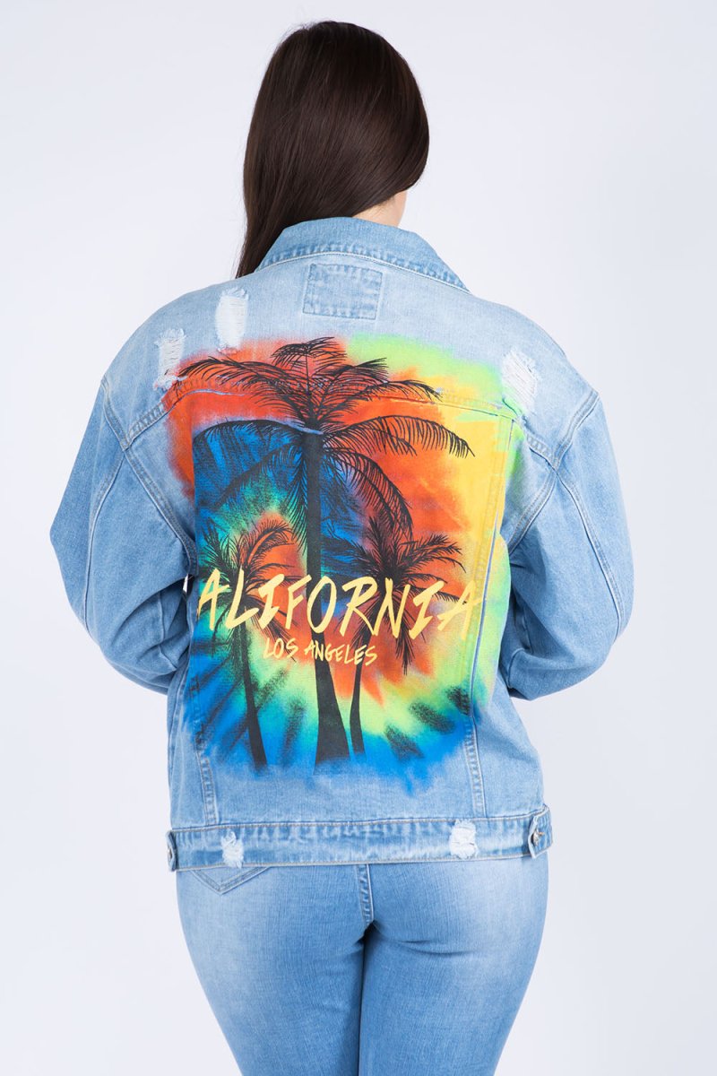 American Bazi Full Size Painted Back Distressed Denim Jacket - Outerwear