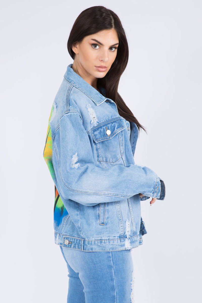 American Bazi Full Size Painted Back Distressed Denim Jacket - Outerwear