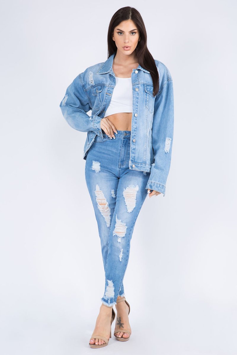 American Bazi Full Size Painted Back Distressed Denim Jacket - Outerwear