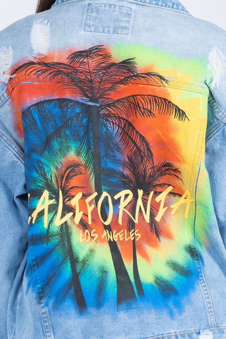 American Bazi Full Size Painted Back Distressed Denim Jacket - Outerwear