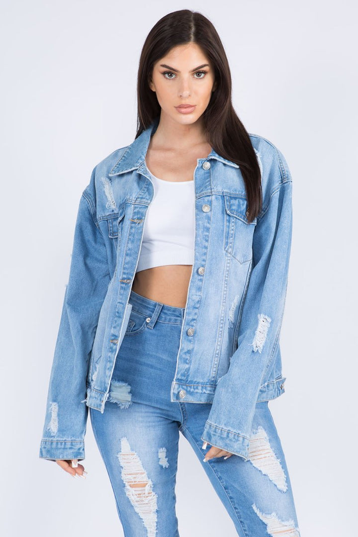American Bazi Full Size Painted Back Distressed Denim Jacket - Outerwear