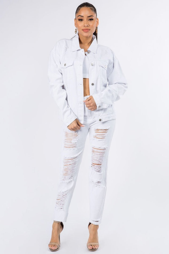 American Bazi Graphic Distressed Long Sleeve Denim Jacket - Outerwear