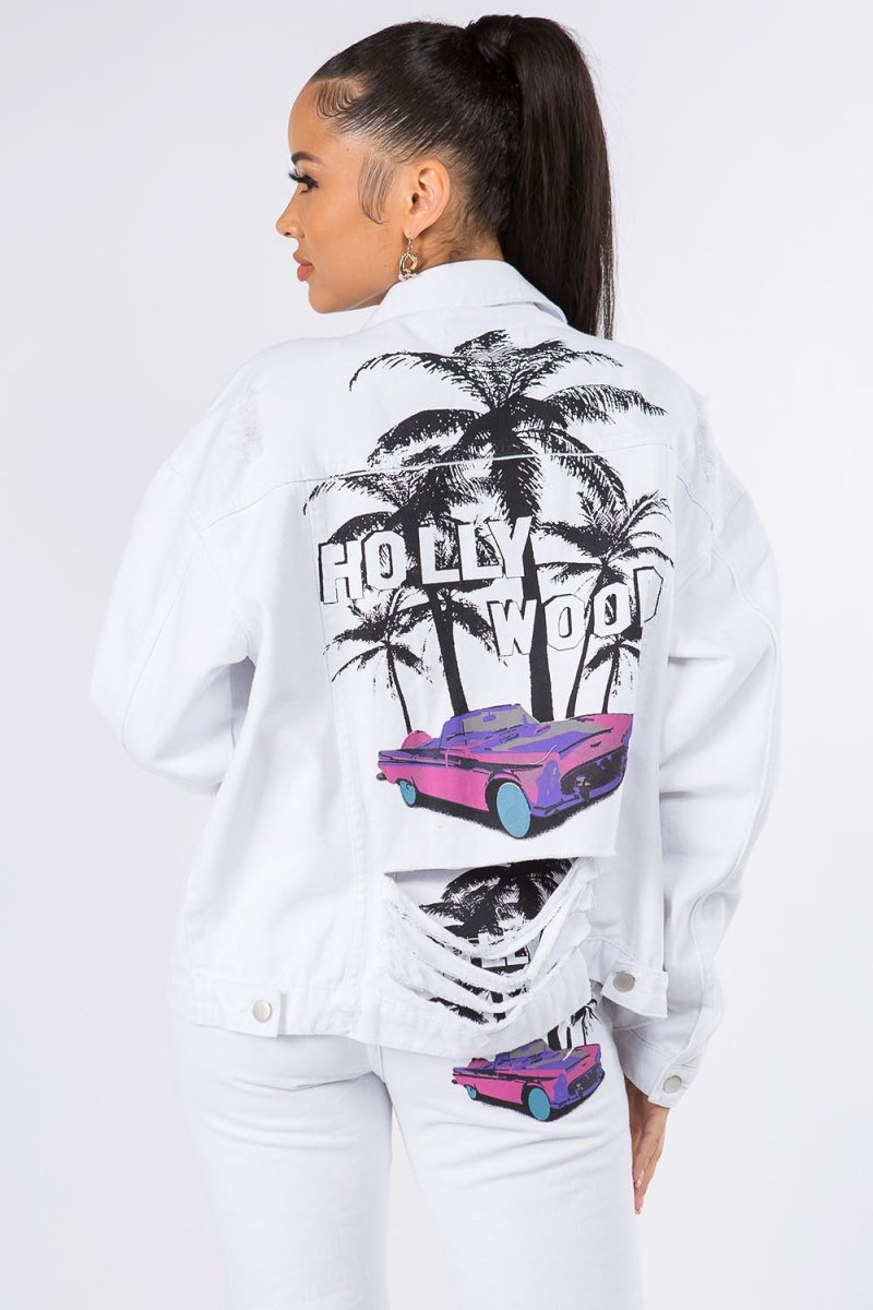 American Bazi Graphic Distressed Long Sleeve Denim Jacket - Outerwear