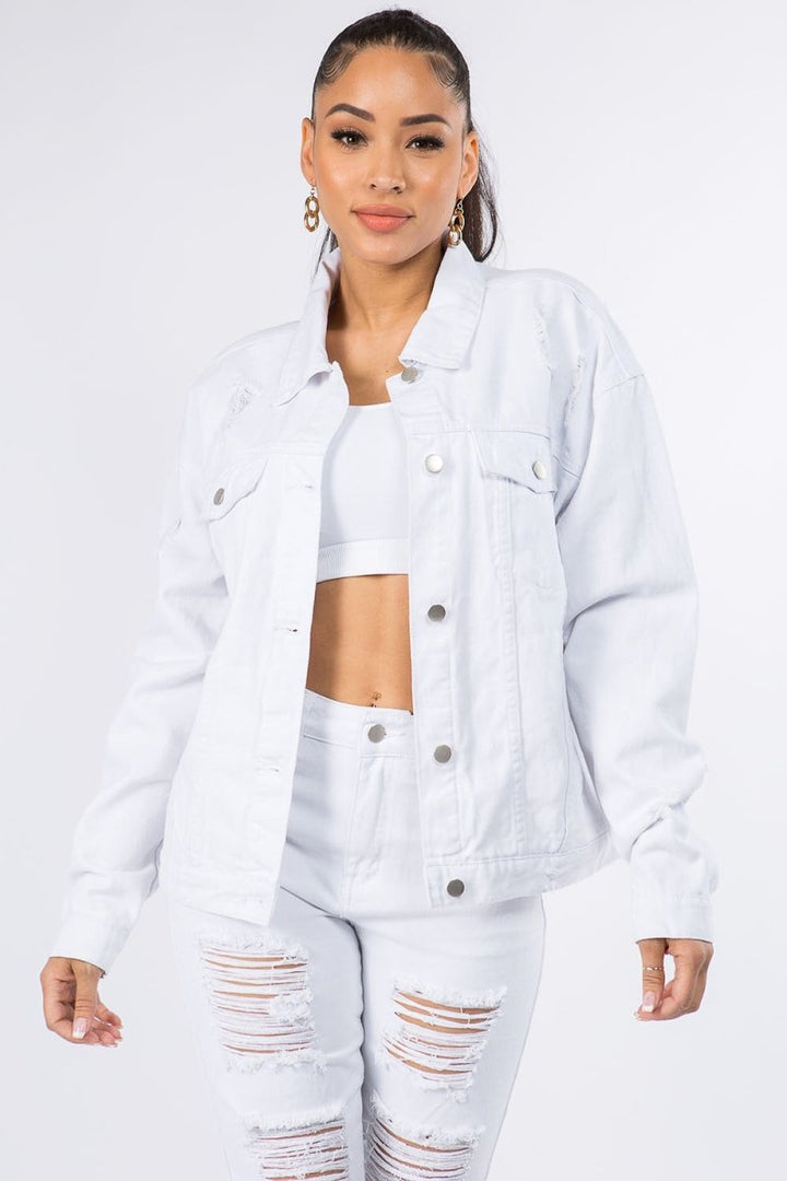 American Bazi Graphic Distressed Long Sleeve Denim Jacket - Outerwear