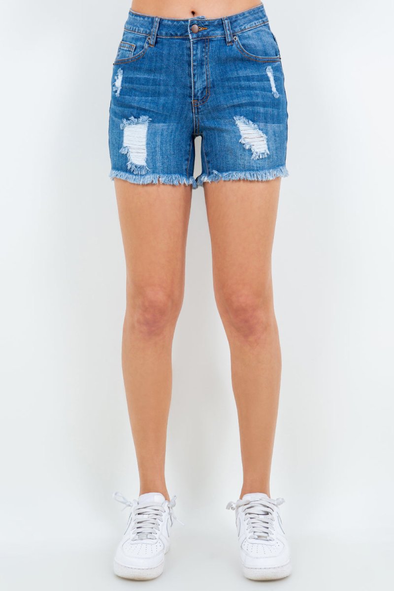 American Bazi High Waist Distressed Frayed Denim Shorts - Bottoms