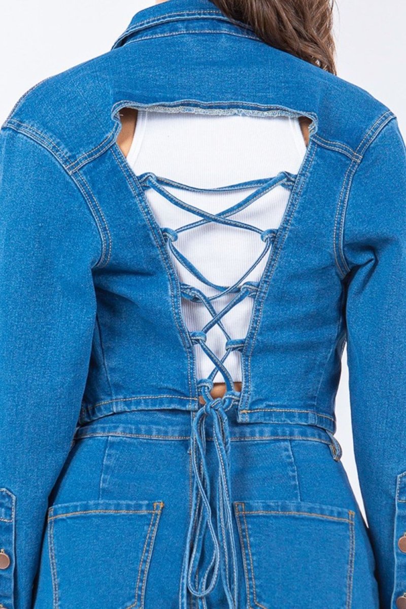American Bazi Laced Back Cropped Denim Jacket - Outerwear