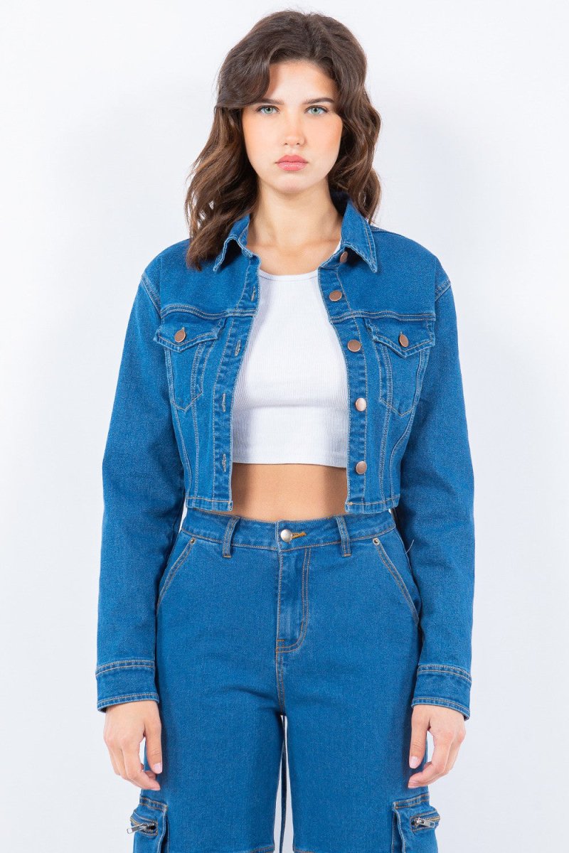 American Bazi Laced Back Cropped Denim Jacket - Outerwear