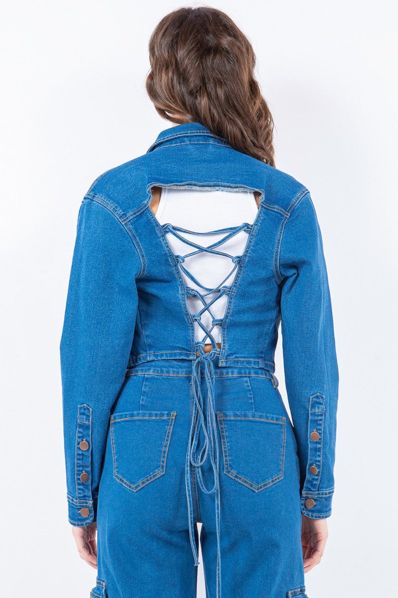 American Bazi Laced Back Cropped Denim Jacket - Outerwear
