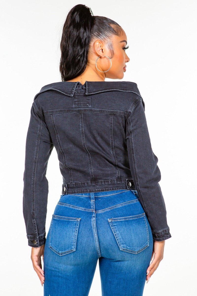 American Bazi Off Shoulder Lace Up Denim Jacket - Outerwear