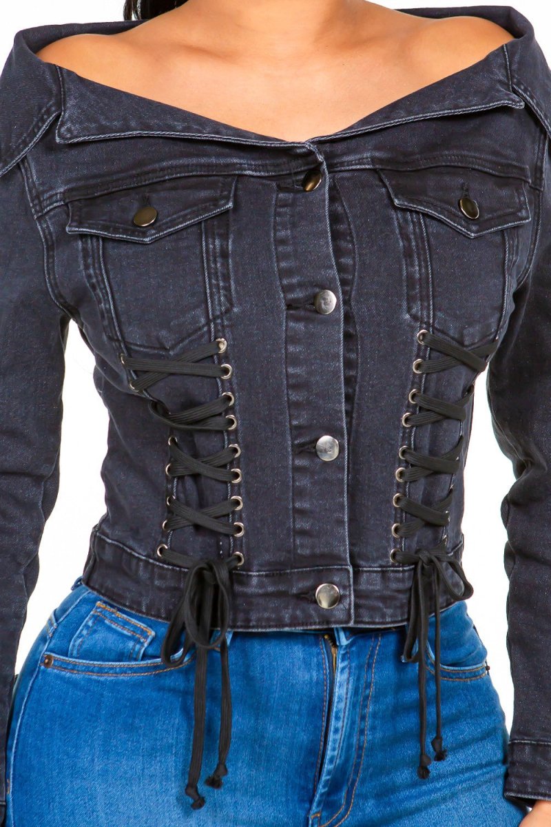American Bazi Off Shoulder Lace Up Denim Jacket - Outerwear
