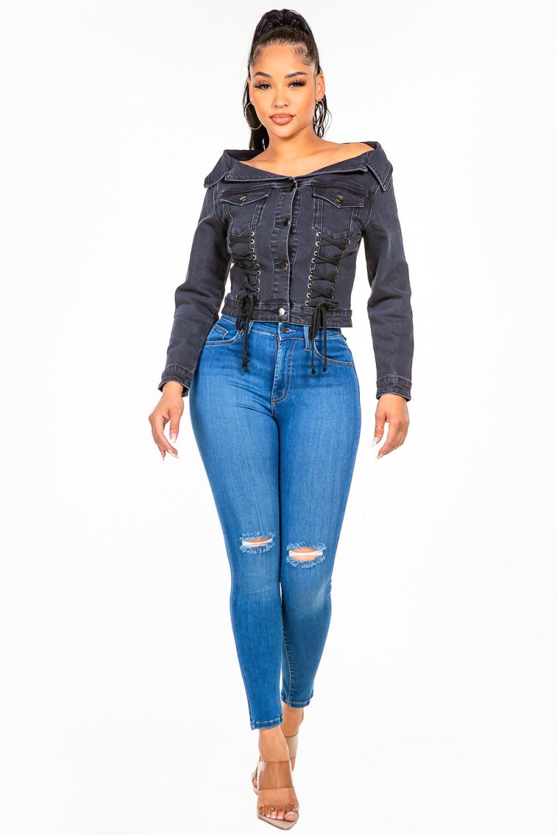 American Bazi Off Shoulder Lace Up Denim Jacket - Outerwear
