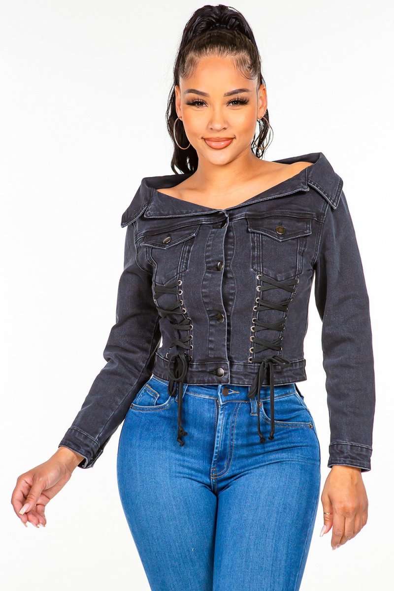 American Bazi Off Shoulder Lace Up Denim Jacket - Outerwear