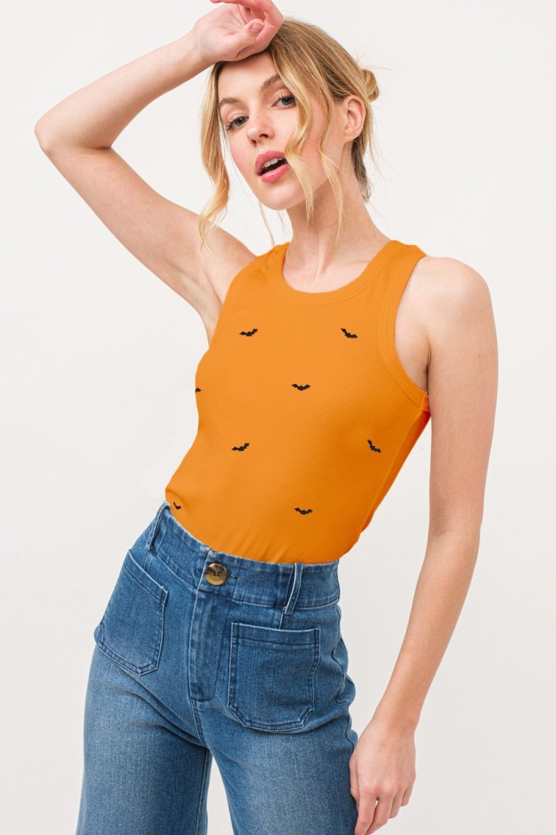 And The Why Bat Embroidered Ribbed Tank - Top