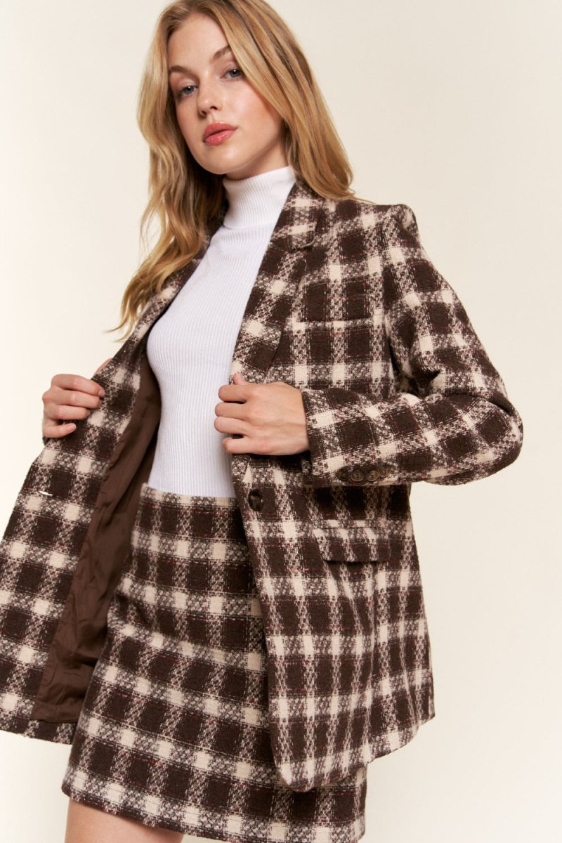 And The Why Full Size Plaid Brushed One Button Blazer - Blazer Suit