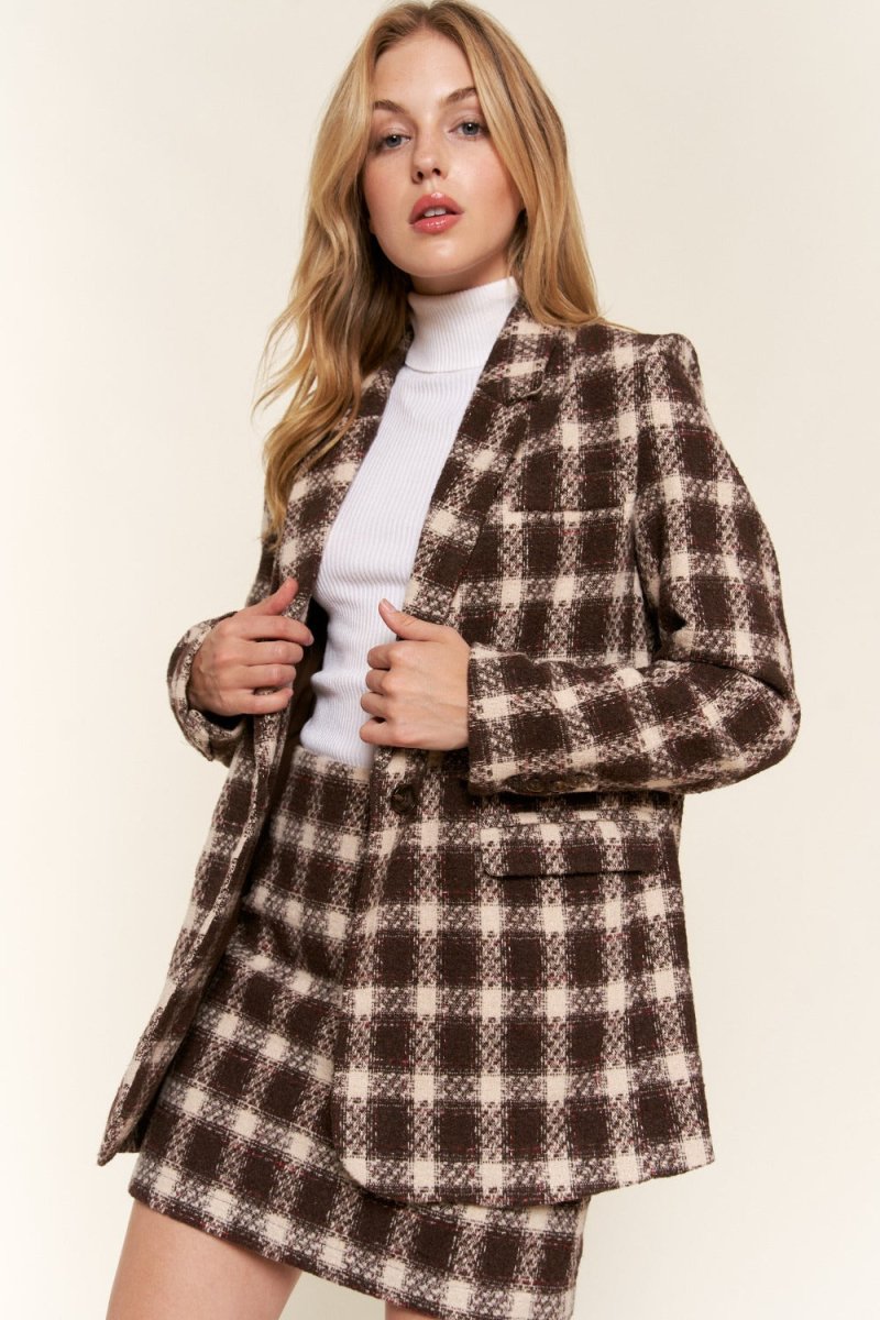 And The Why Full Size Plaid Brushed One Button Blazer - Blazer Suit