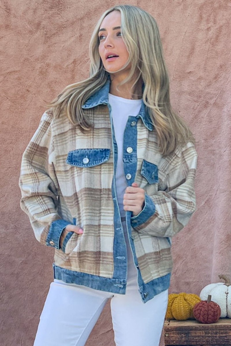 And The Why Full Size Washed Denim Detail Brushed Plaid Jacket - Outerwear