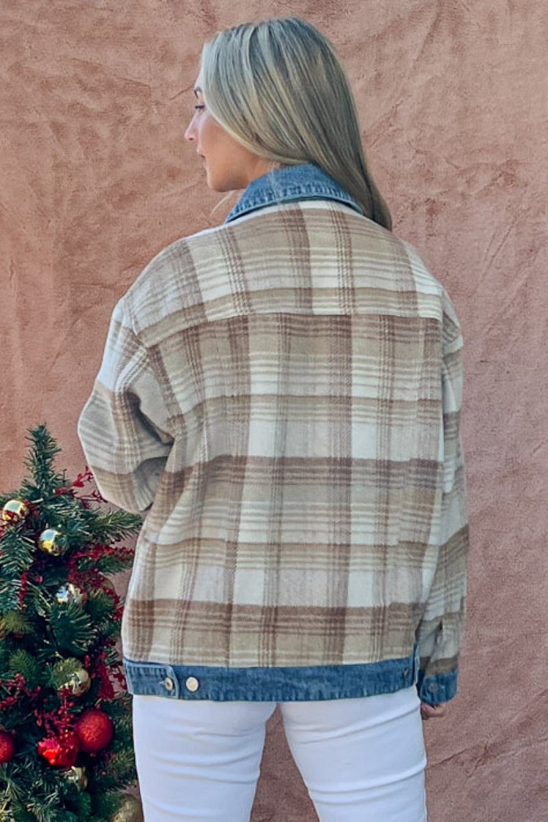 And The Why Full Size Washed Denim Detail Brushed Plaid Jacket - Outerwear