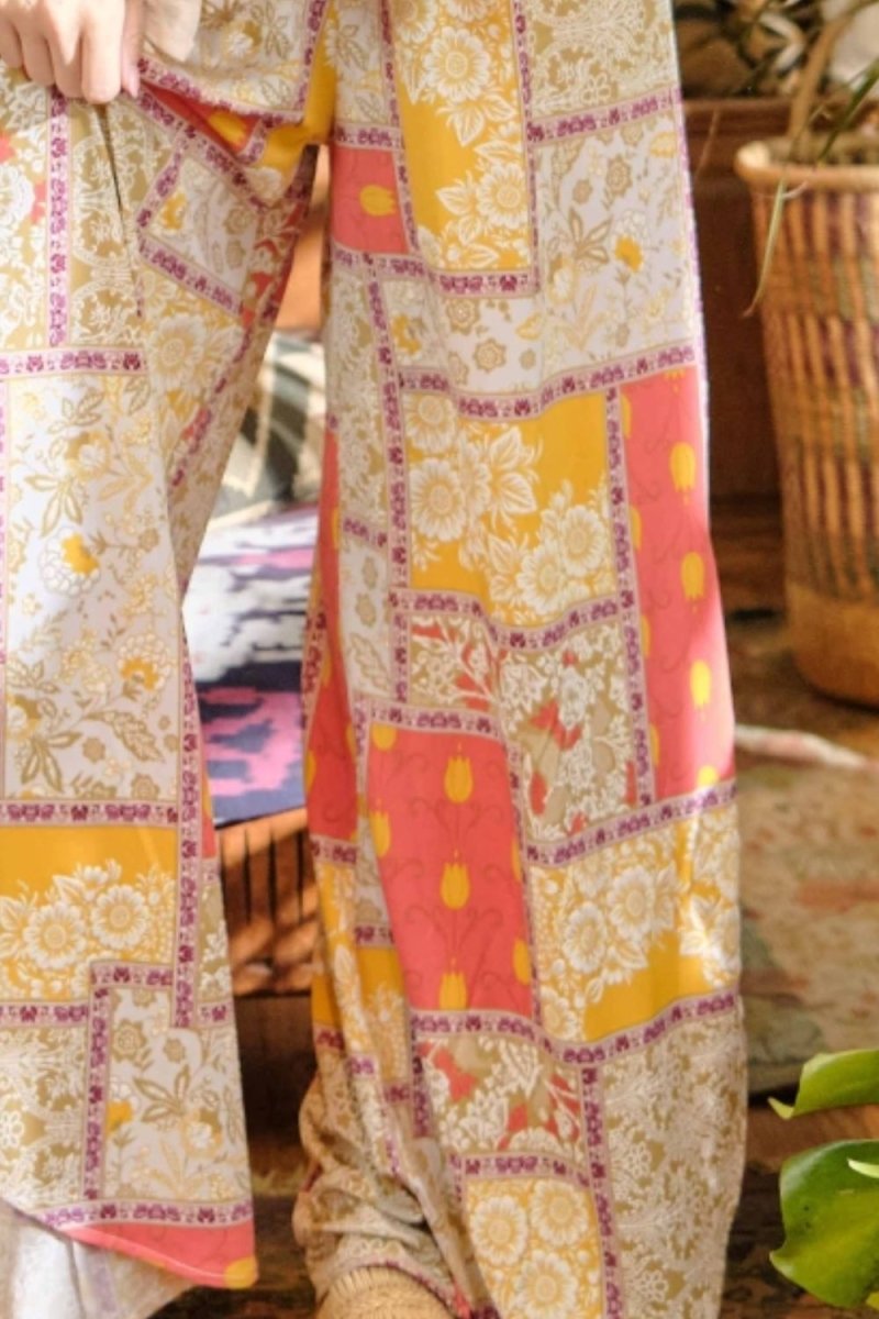 And The Why Printed Smocking Waist Side Slit Wide Leg Pants - Bottoms